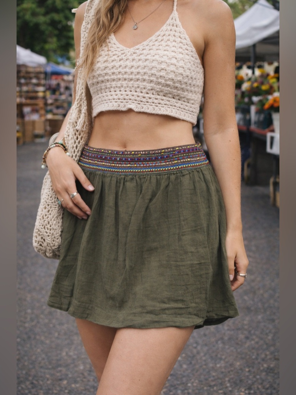 Aerie Olive Green Boho Mini Skirt Embroidered Waist Festival Size Large